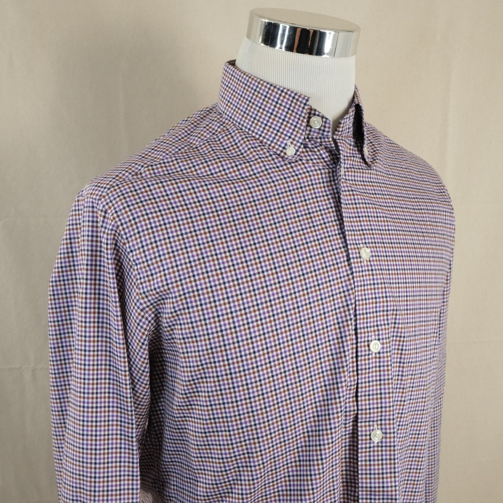 Eton 16 Slim Fit Dress Shirt Purple Brown Check 100% Cotton Button Down Mens
